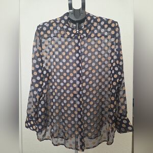 Chico’s Size 3 (16/18) Navy Polka Dot Sheer Button Blouse